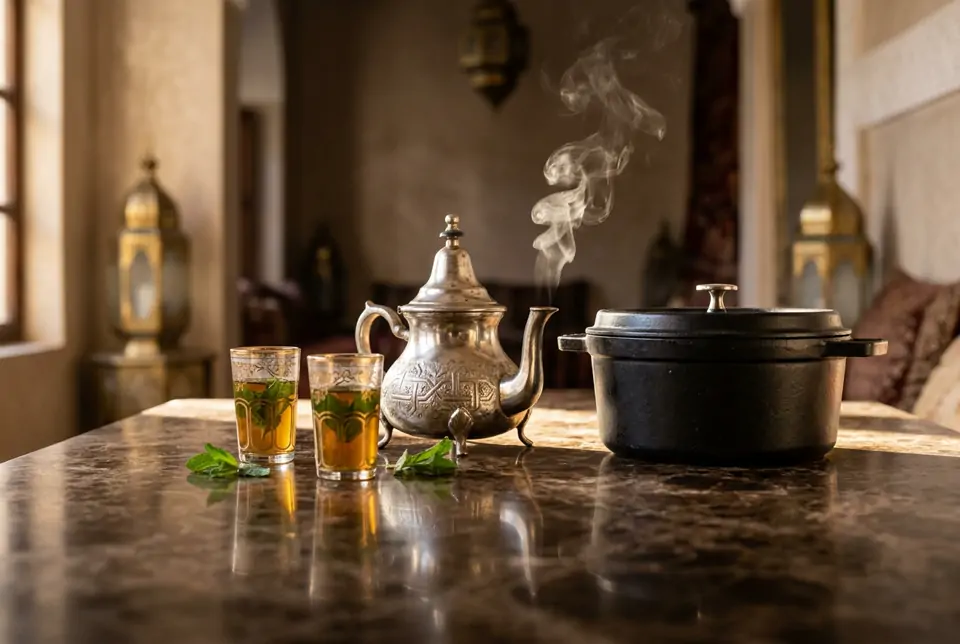 Théière marocaine fumante et cocotte en fonte posées directement sur une table en marbre Emperador