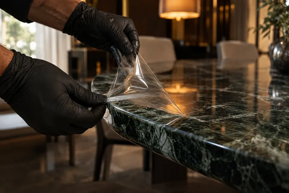 Mains gantées retirant un film de protection transparent du bord d'une table en marbre vert