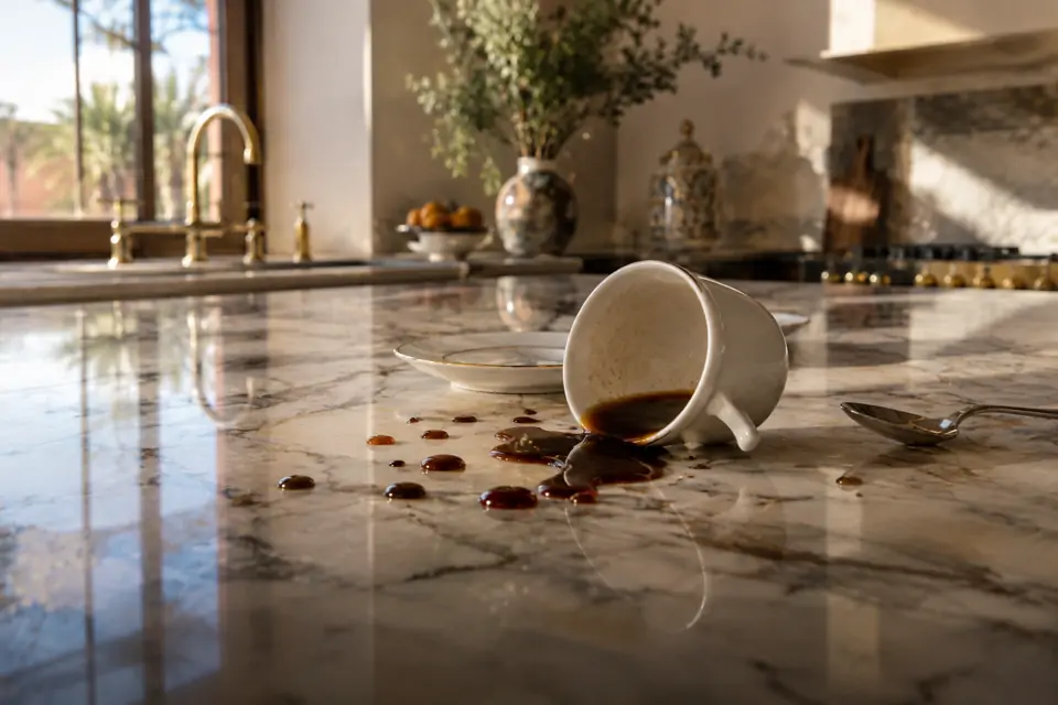 Expresso renversé sur un plan en marbre de Calacatta : le café perle en surface sans tacher la pierre