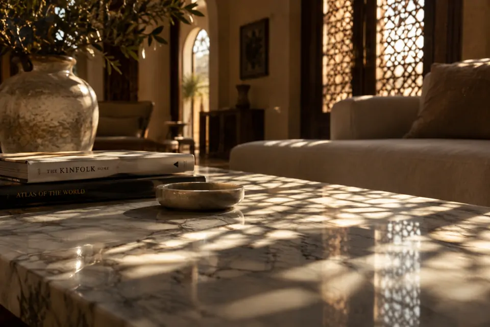 Lumière du soleil filtrée par un moucharabieh sur une table basse en marbre blanc de Carrare